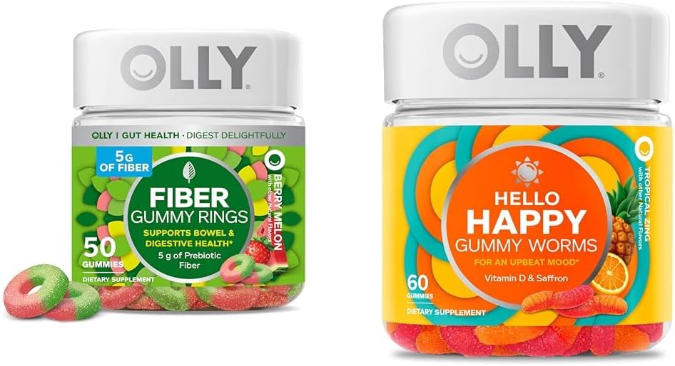 OLLY Fiber Gummy Rings, 5g Prebiotic Fiber, FOS (Fructo-oligosaccharides), Digestive Support &amp; Hello Happy Gummy Worms, Mood Balance Support, Vitamina D, Saffron, Adult Chewable Supplement