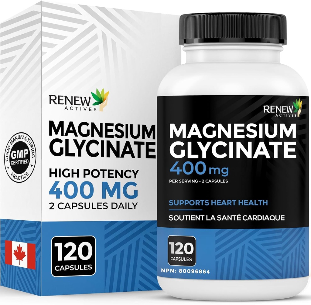 ACTIVOS DE REENEW Magnesium Glycinate 400MG por 2 cápsulas Magnesio puro Bisglycinate para la relajación completa del cuerpo, sueño, músculos, huesos & energía - equilibrio electrolípido - Hecho en Canadá -120 cápsulas