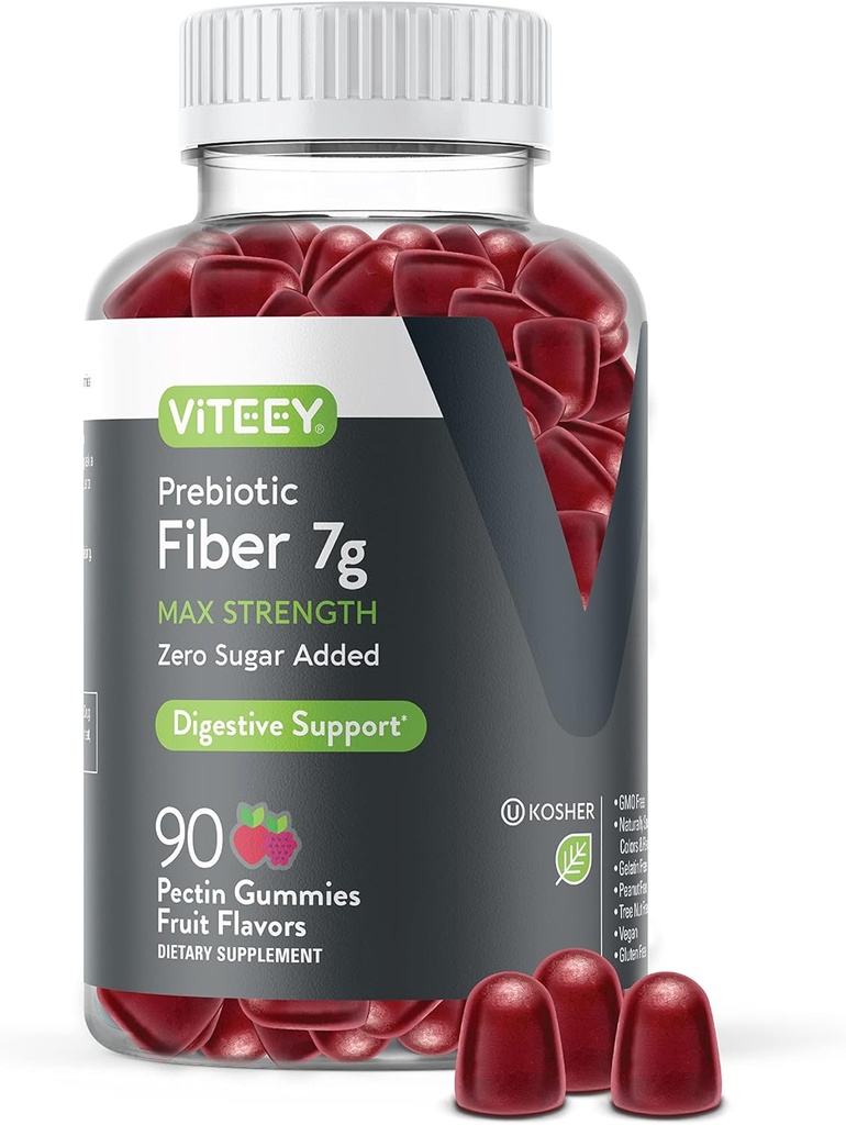 Viteey Prebiotic Fiber Gummies for Adults, 7g - Gut Health & Digestive Soluble Fiber Supplement Gummies - Zero Sugar Añadido, Vegan, Gluten-Free - 90 Count