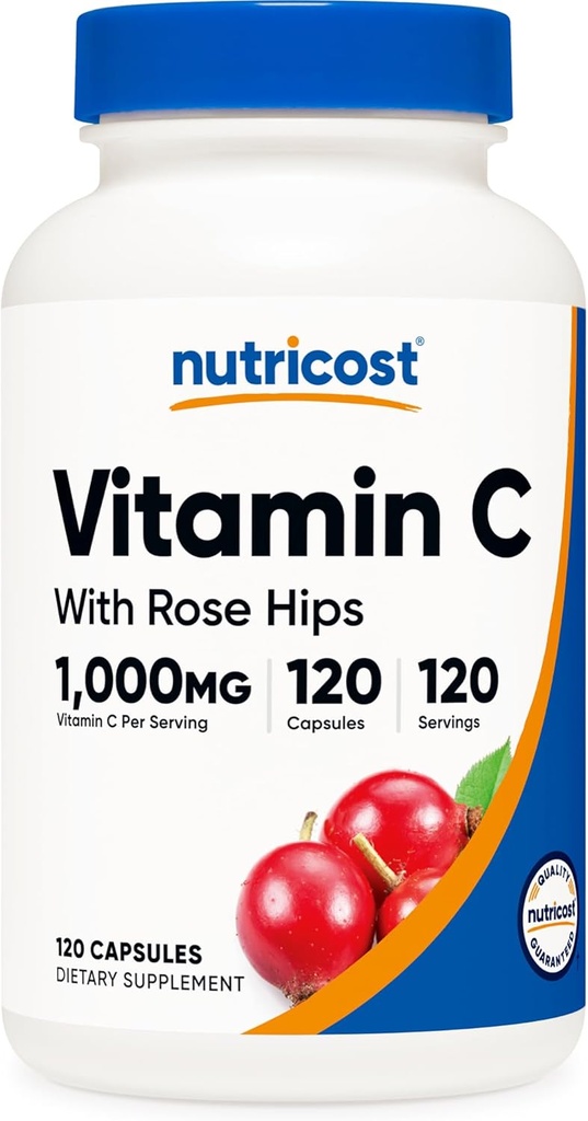 Nutricost Vitamina C con Rosa HIPS 1025mg, 120 cápsulas - Vitamina C 1000mg, Rosa HIPS 25mg, Premium, No GMO, Suplemento Gratis