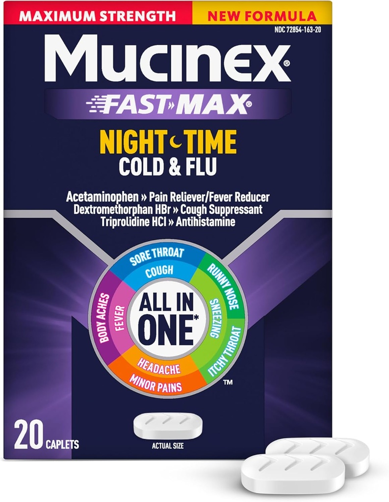 Mucinex Nightshift Cold " Flu, máxima fuerza Potencial Multi-Symptom Nighttime Relief, 20 cápsulas de liberación rápida - Alimentador de dolor/Reductor de polvo, resistente a la tos, antihistamínico