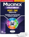Mucinex Nightshift Cold " Flu, máxima fuerza Potencial Multi-Symptom Nighttime Relief, 20 cápsulas de liberación rápida - Alimentador de dolor/Reductor de polvo, resistente a la tos, antihistamínico