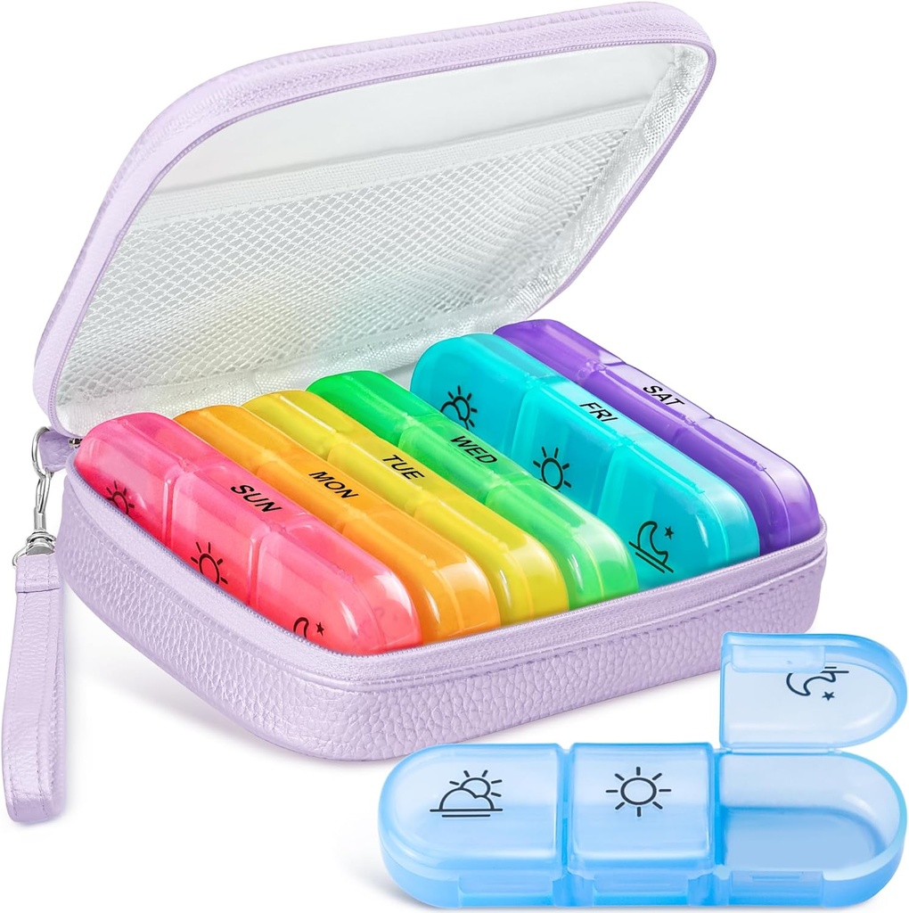 Organizador de píldoras lindo 3 veces al día, gran caja de píldoras diarias para las mujeres, caja de píldoras portátil 7 día para el placer con bolsa & cremallera para contener vitaminas, medicamentos, aceites de pescado, suplementos (Purple)