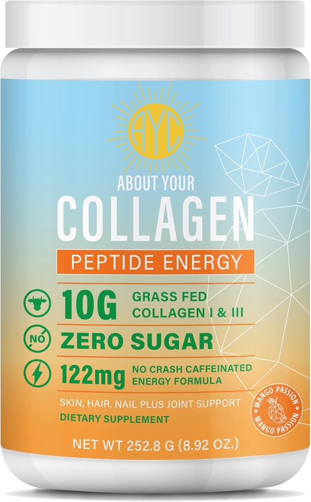 Peptide Energy Collagen Powder Hair, Nail, Skin, Type I & III,Caffeine for Energy, Vitamina C, Biotina, Acid hialurónico, Cero Sugar – 8.92 oz (Mango Passion)