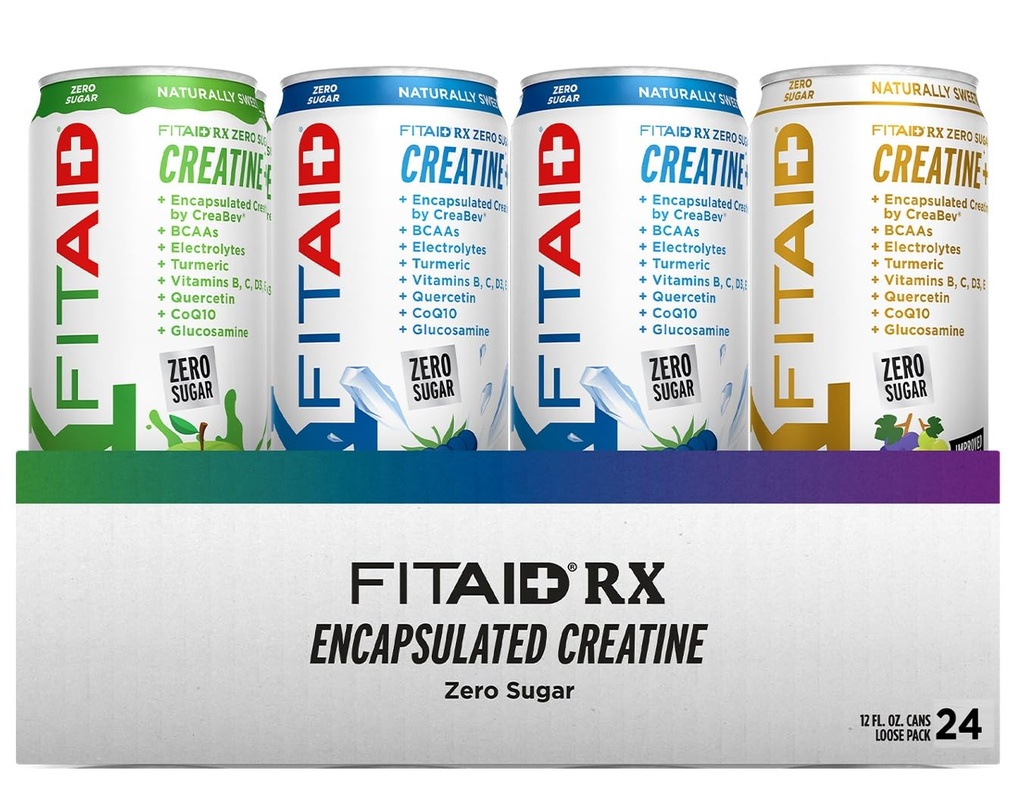 FITAID RX Zero Sugar, Cretina encapsulada, Bebida de recuperación de entrenamiento, All-In-One Blend, BCAAs, Glucosamine, Turmeric, B-Complex, Electrolytes, Variedad Pack, 12 Fl Oz (Pack of 24)