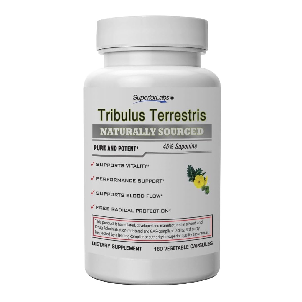 Laboratorios Superiores - Tribulus Terrestris - Soporte de Rendimiento & Cortisol Blocker con 45% de Saponinas, alta potencia y pura dosis de 1500 mg, 180 cápsulas vegetales - soporta la vitalidad - con Añadido BioPerine®