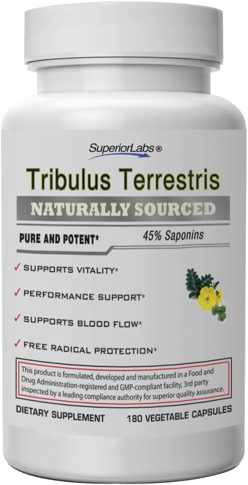 Laboratorios Superiores - Tribulus Terrestris - Soporte de Rendimiento & Cortisol Blocker con 45% de Saponinas, alta potencia y pura dosis de 1500 mg, 180 cápsulas vegetales - soporta la vitalidad - con Añadido BioPerine®