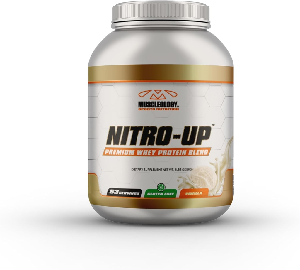 MUSCLEOLOGY Nitro-Up Hydrolyzed Whey Isolate Protein, Infused with BCAAs, EAAs, and Digestive Enzymes (Vanilla, 5 libras)