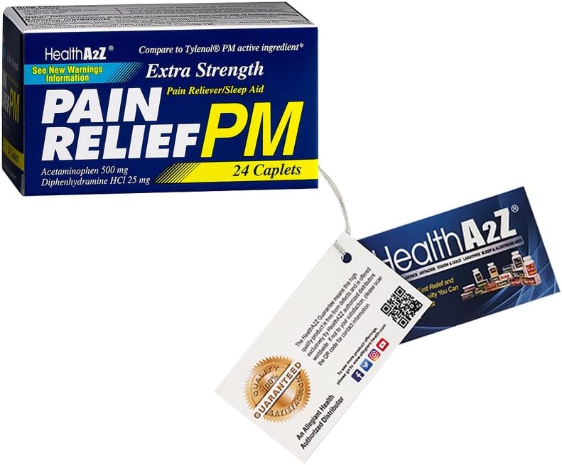 Salud A2Z, Extra Strength Pain Relief PM,24 Tablets, Comparte a Tylenol PM Active Ingredient
