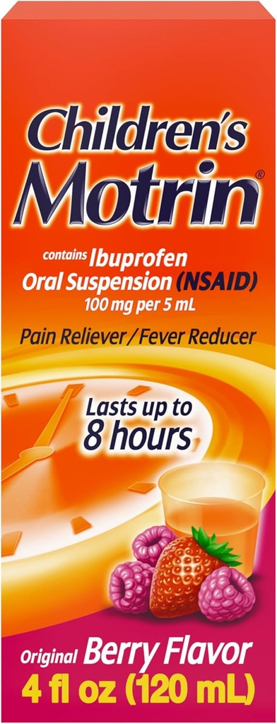 Medicina de la Suspensión Oral Motrin para Niños, 100 mg de Ibuprofeno, Reductor de Dolor de la Fiebre para los dolores menores Debido a la gripe fría, libre de alcohol, sabor a Berry, 4 fl. oz