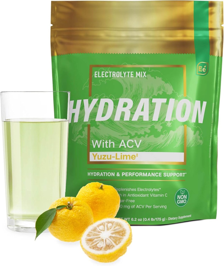 Elementos esenciales Hydration Packets - Yuzu Lime Pack - Sugar Free Electrolytes Powder Packets - 25 Stick Packs of Electrolytes Powder No Sugar - Hydration Drink - with ACV & Vitamin C