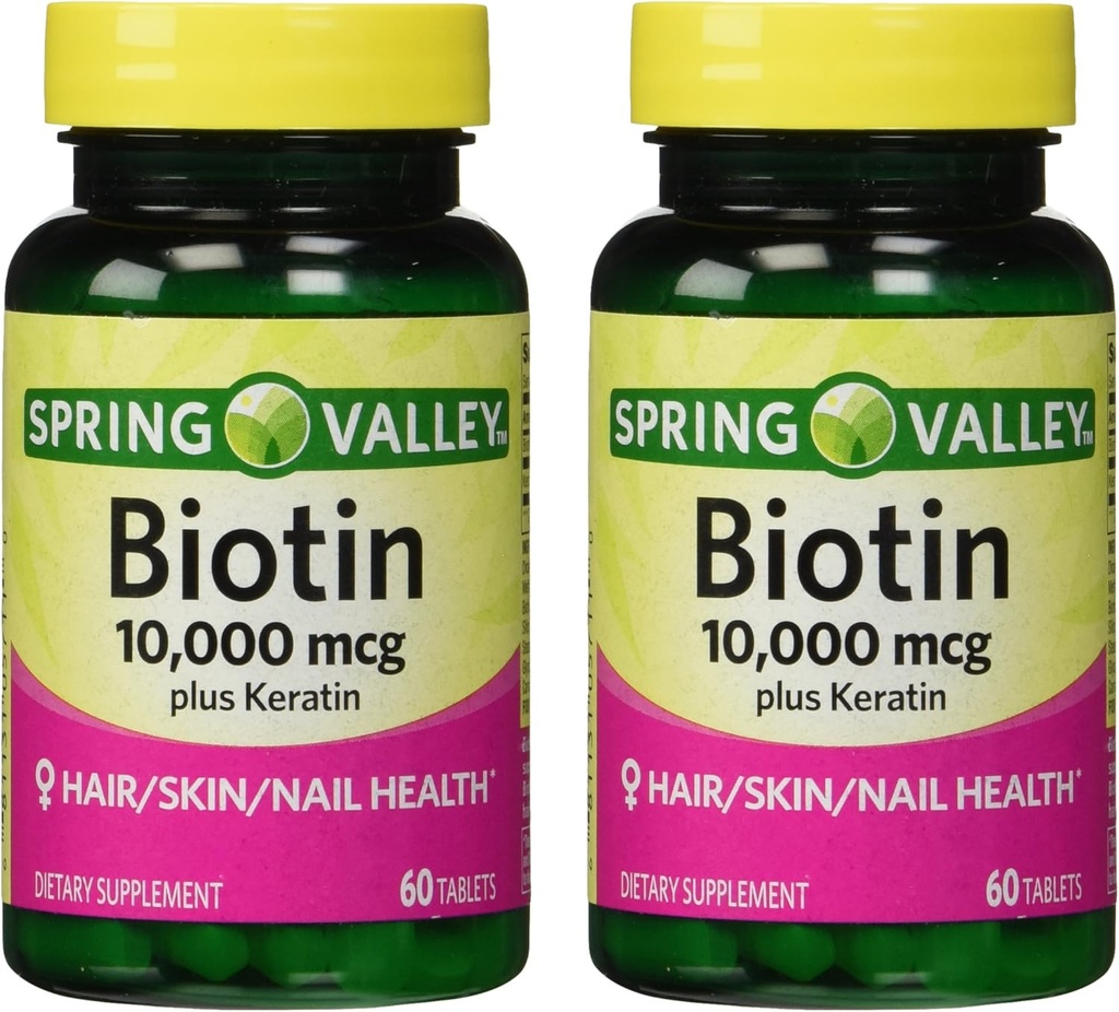 Spring Valley 10000mcg Biotina con 100mg Keratin Suplemento dietético, 60 Cuenta (Pack of 2)