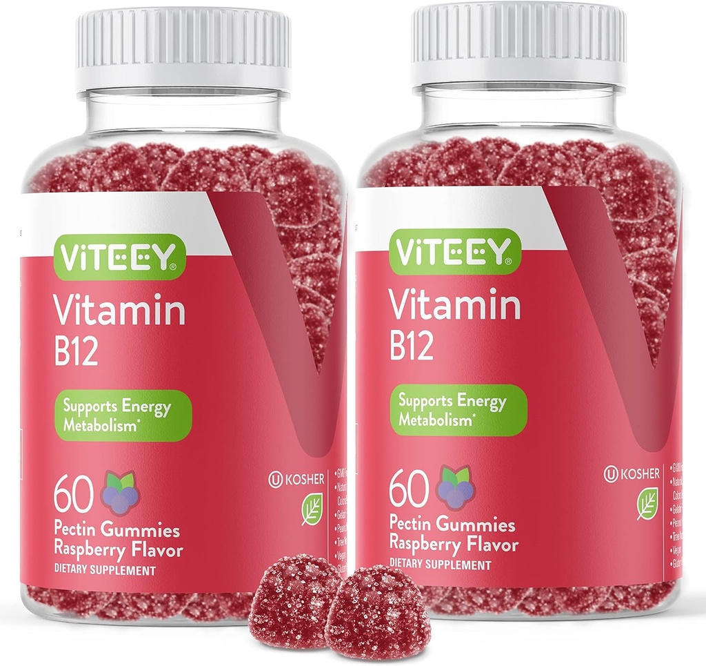 VITEEY Vitamina B12 Gummies - Soporte Cognitivo y Energía Gummies - Vegan, Gelatin Gratis, Gluten Gratis - 60 Cuenta