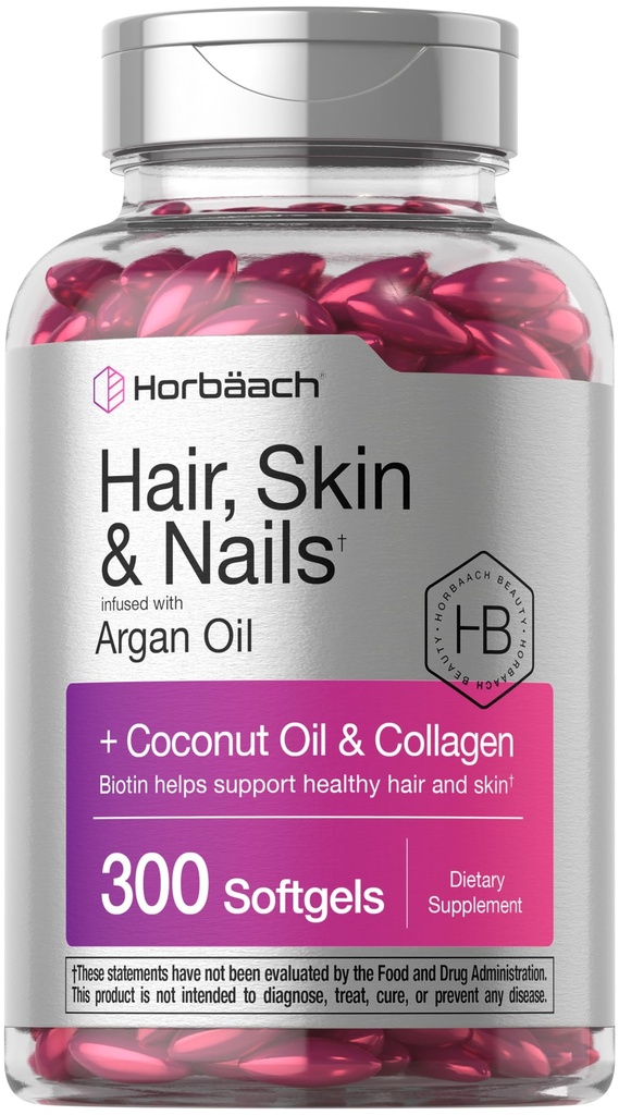 Horbäach Hair Skin and Nails Vitaminas  300 Softgels ← Biotina y Collagen  Infused with Argan Oil and Coconut Oil TEN Non-GMO, Gluten Free Supplement