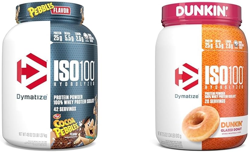 Dymatize ISO100 Hidrolyzed Protein Powder, 100% Whey Isolate, 25g de Protein, 5.5g BCAAs " ISO100 Hydrolyzed Protein Powder, 100% Whey Isolate, Dunkin' Glazed Donut Flavor