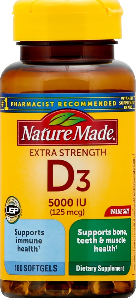 Extra Strength Vitamin D3 5000 UI (125 mcg), 180 Softgels Tamaño del valor, alta potencia Vitamina D ayuda a soportar la salud inmune, huesos fuertes y dientes, " Función muscular