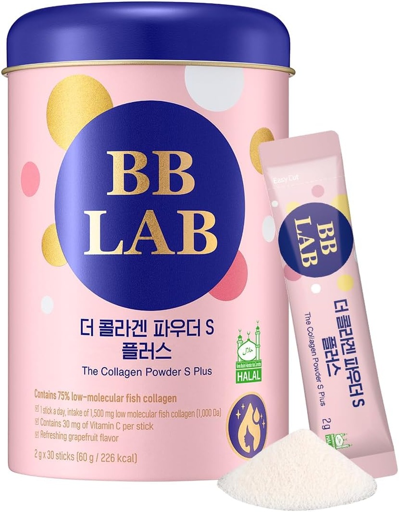 BB LAB Collagen Powder S Plus Halal, bajo molecular colágeno colágeno colágeno suplemento, marina, péptidos de colágeno de pescado, vitamina C, Glicina, absorción rápida, sabor de pomelo