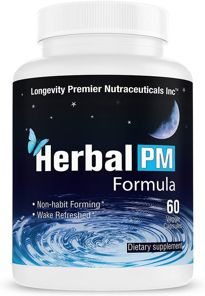 Longevity Herbal PM - Herbal Sleep Formula con 5-htp, melatonina, Valerian &amp; GABA. 60 cápsulas de verduras