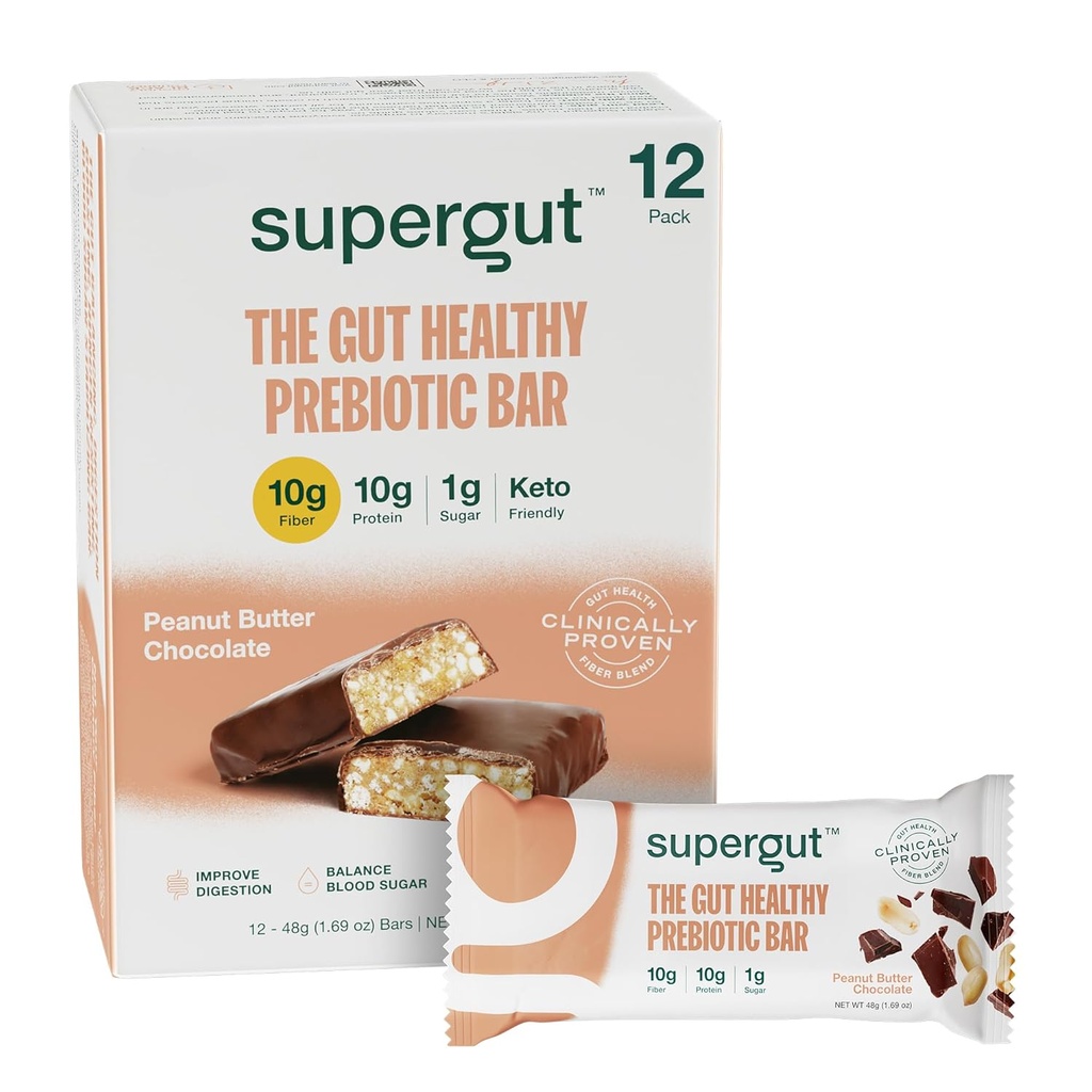 Supergut GLP-1 Boosting Prebiotic Bars, Peanut Butter Chocolate - Gut Healthy Protein Snacks &amp; Breakfast Bares - Keto-Friendly Meal Replacement Energy Bares for Gut Health (12 Conde)