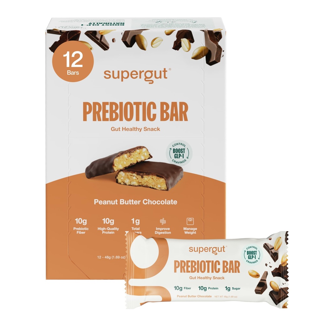 Supergut GLP-1 Boosting Prebiotic Bars, Peanut Butter Chocolate - Gut Healthy Protein Snacks &amp; Breakfast Bares - Keto-Friendly Meal Replacement Energy Bares for Gut Health (12 Conde)
