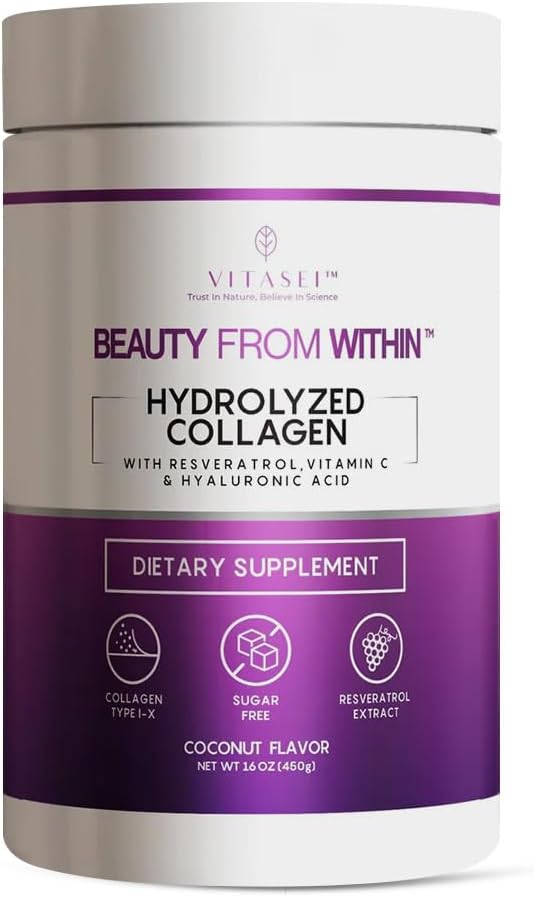 VITASEI Hydrolyzed Collagen Peptides Powder with Vitamin C & Resveratrol - Hair, Skin and Nails Vitamins for Women & Men - Bone and Joint Supplement - Coconut Flavored - 16 oz