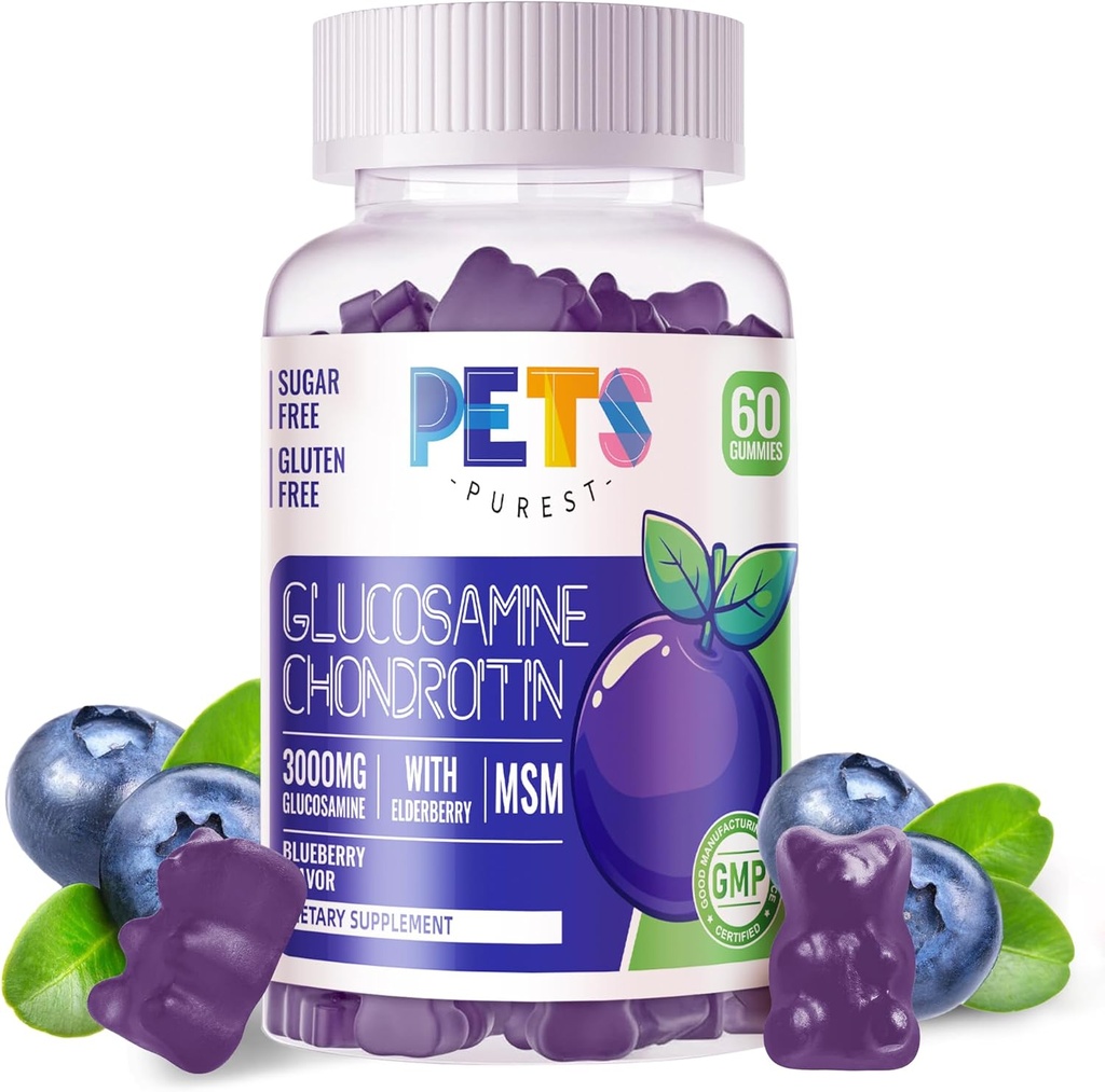 Mascotas Glucosamina Purest Gummies con MSM &amp; Elderberry Extra Strength - Soporte Conjunto, Antioxidante Apoyo Inmunitario Suplemento para Adultos, Hombres &amp; Mujeres.60 Blueberry Gummies