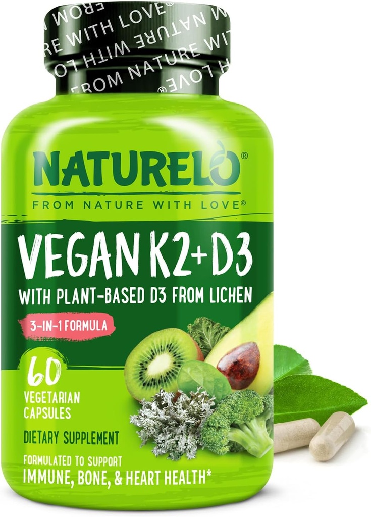 NATURELO Vitamin D3 K2 - Vegan K2+D3 con base vegetal D3 de Lichen - Natural D3 Suplemento para el sistema inmunológico, soporte para huesos, salud cardíaca - alimentación completa - no GMO - Gluten Gratis, 60 cápsulas