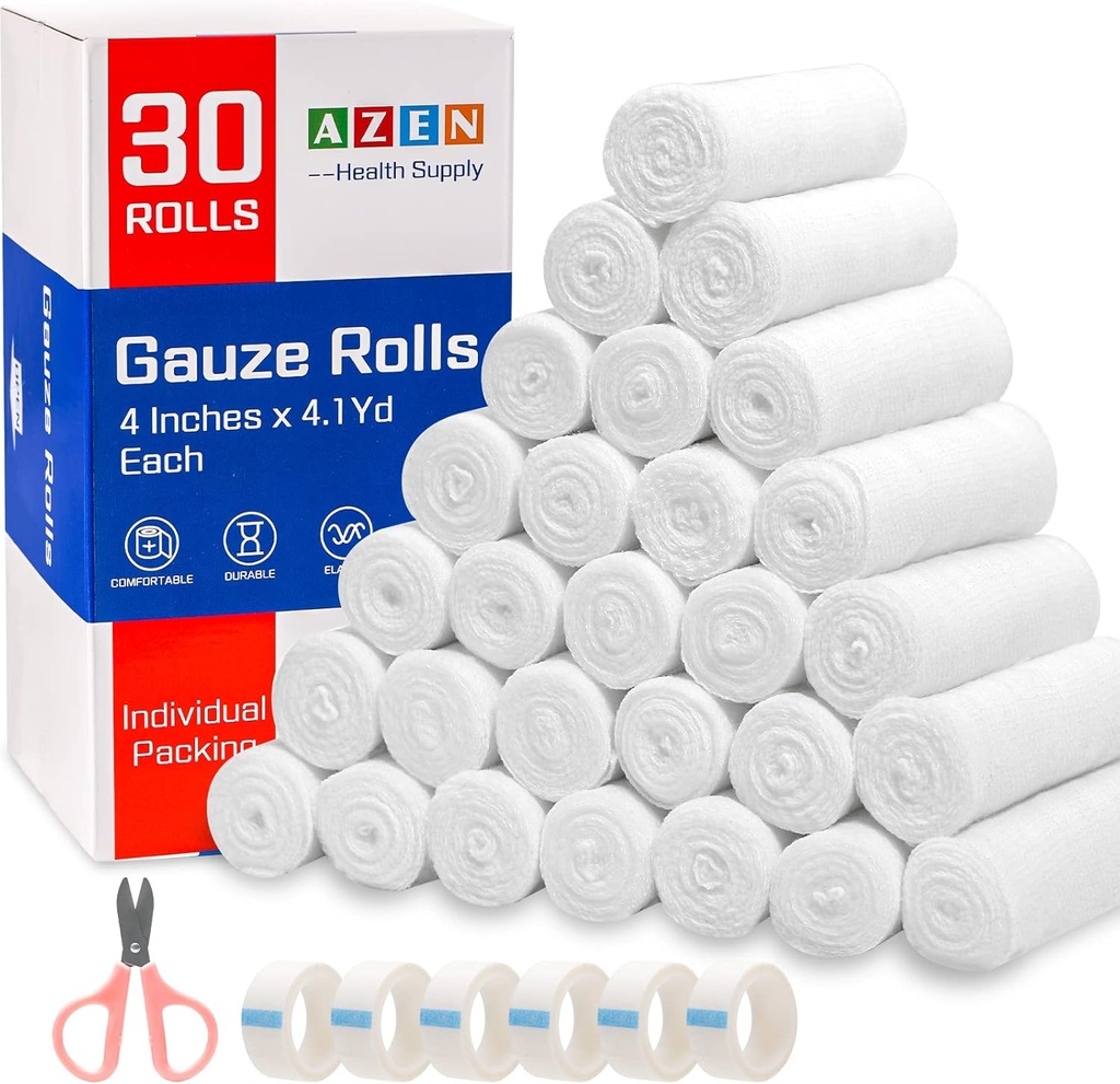 AZEN 30 Pack Gauze Rolls Bandages, 4 en x 4.1 Yards, suministros médicos premium " suministros de primeros auxilios, bandage Wrap Vet Wrap, mamá Wraps
