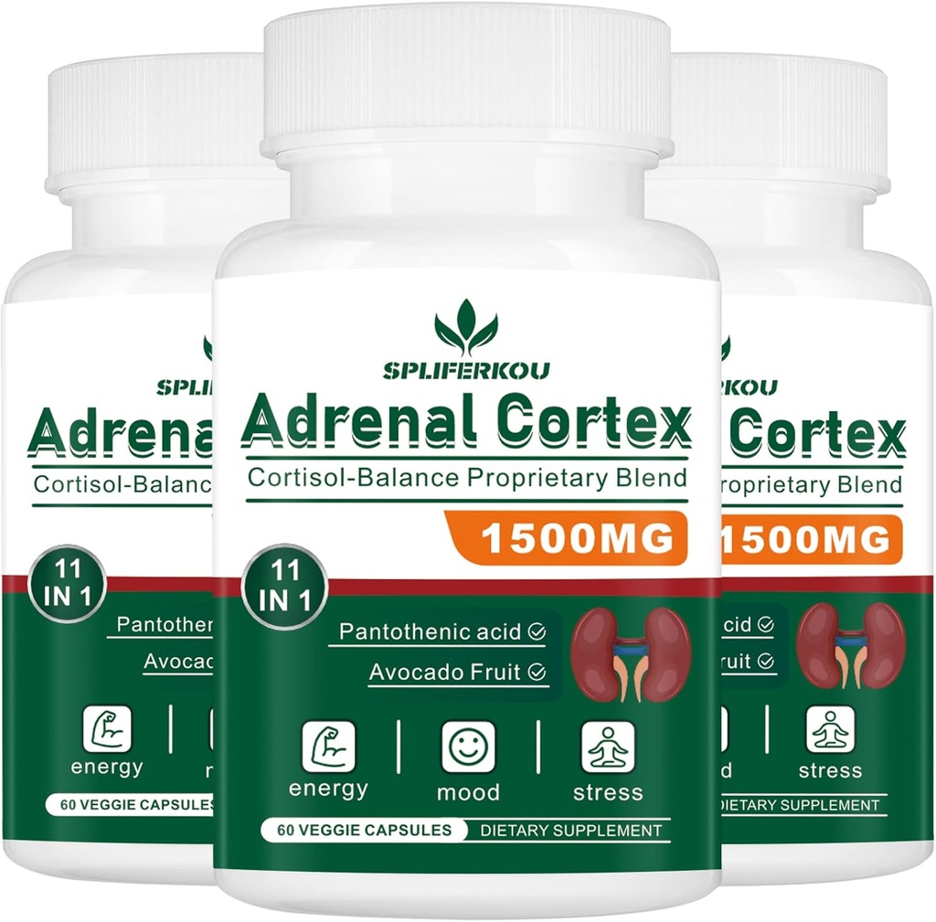 11-in-1 Suplemento de Apoyo Adrenal, Suplemento Cortisol con ácido pantoténico y Ashwagandha - Apoyos Función Adrenal Saludable, Energía y Relajación - 180 cápsulas