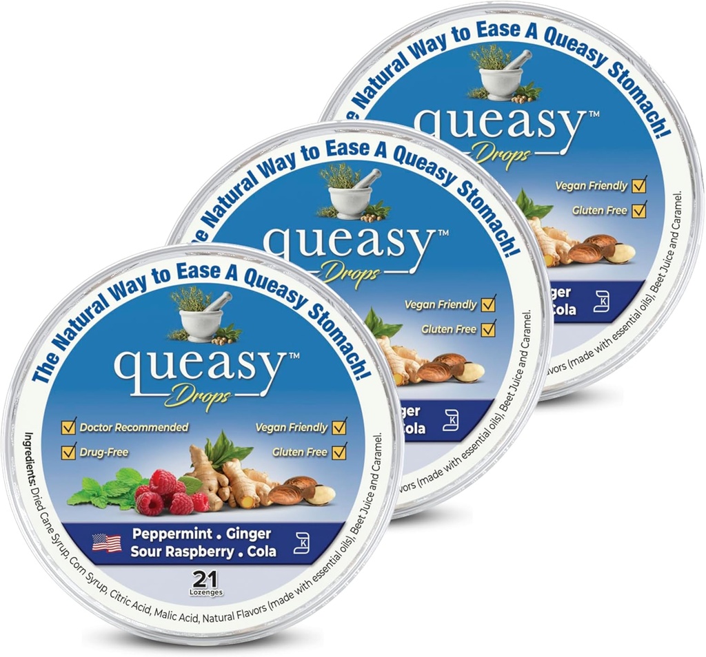 Three Lollies Queasy Drops - Relief from Nausea & Travel Sickness - Relieves a Dry Mouth & Settles The Stomach - Natural Ingredients - 4 Flavors - 21ct (Pack of 3)
