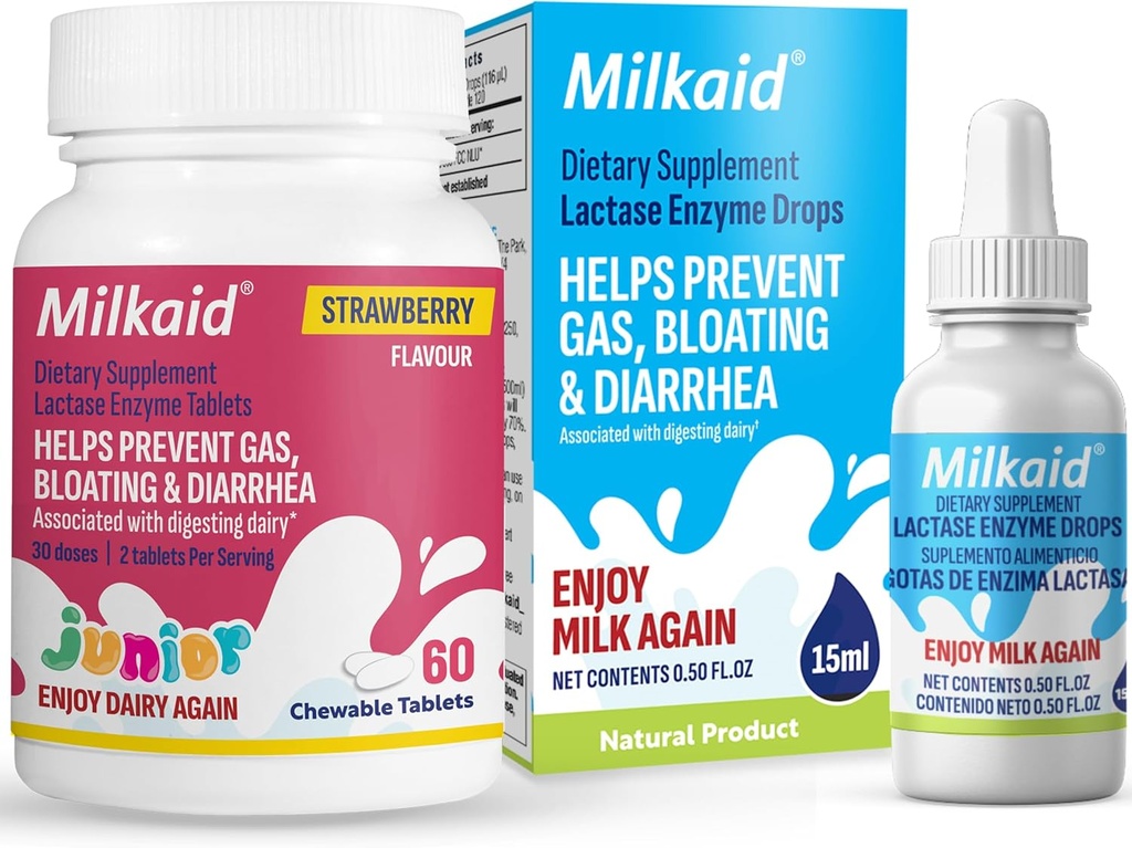Milkaid Junior Lactase Enzyme Chewable Tablets Lactase Drops for Lactose Intolerance Relief Silencio Prevents Gas, Bloating, Diarrhea in Children ← Fast Acting Dairy Digestive Supplement TEN