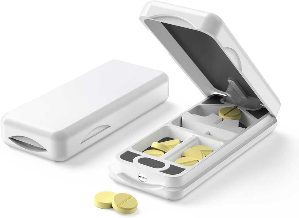 Pill Cutter con dispositivo de centro automático, divisor de aluminio con cuchilla inoxidable 316L, caja de cuero genuino, Divisor de almohadilla profesional para cortar pequeñas o grandes píldoras (Plástico, Blanco)