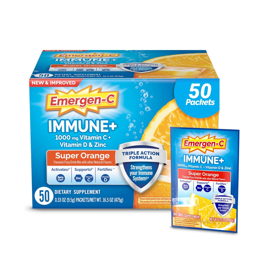 Emergen-C Immune+ Triple Action Immune Support Powder, BetaVia (R), 1000mg Vitamina C, B Vitaminas, Vitamina D y Antioxidantes, Super Orange, Volver a Esenciales Escolares – 50 Cuenta