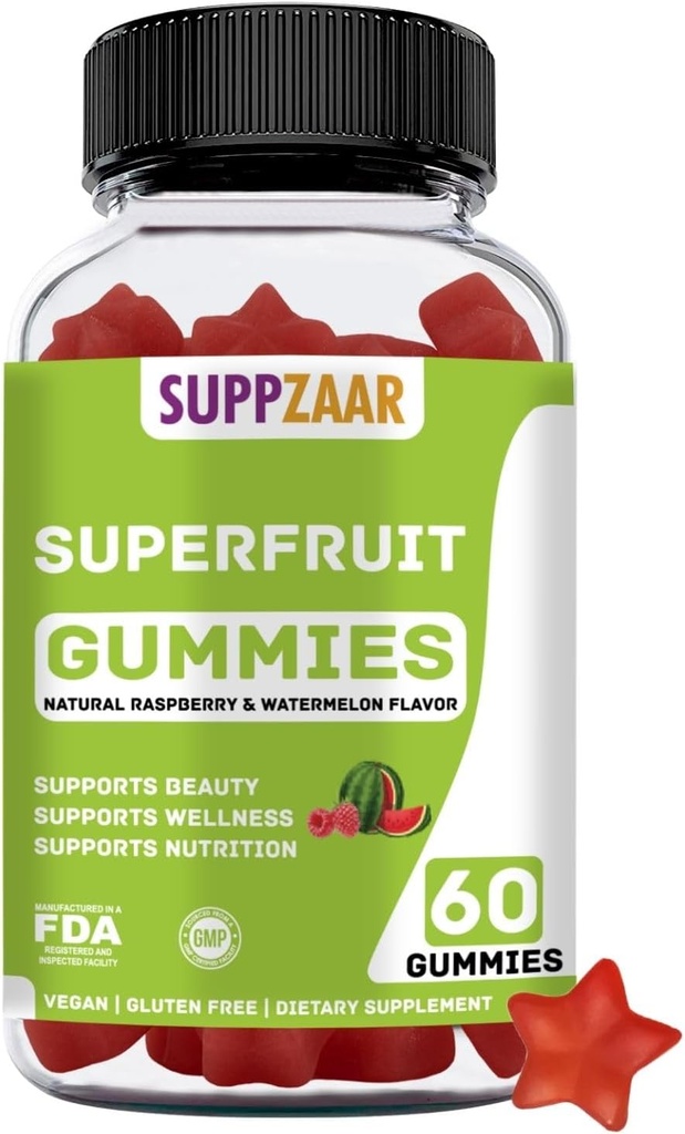 Vegan Superfruit Gummy Vitaminas. Superfruit Gummies w/Vitamin A C E Silica Orgánica. Superfruit for Collagen Formation, Beauty & Glow. Planta-Basada, No-GMO, Libre de gluten, Gelatin-Free. 60 CT