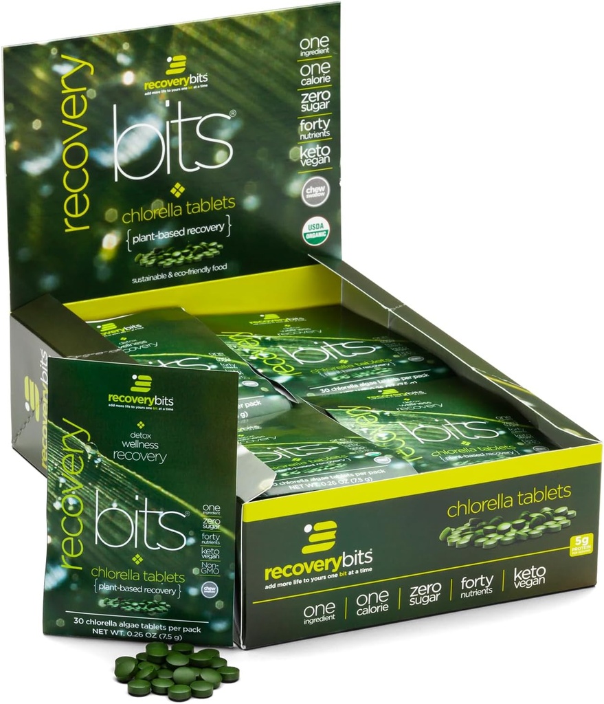 RECOVERYbits - Tablas de Clorella Orgánica - Superalimentos de Algas Basadas en Planta - Clorofila - Muro Celular Agrietado - Energía - Sistema Inmunitario - Detox - Keto - Vegan - Caja de 30 Pouches - 900 Cuadros