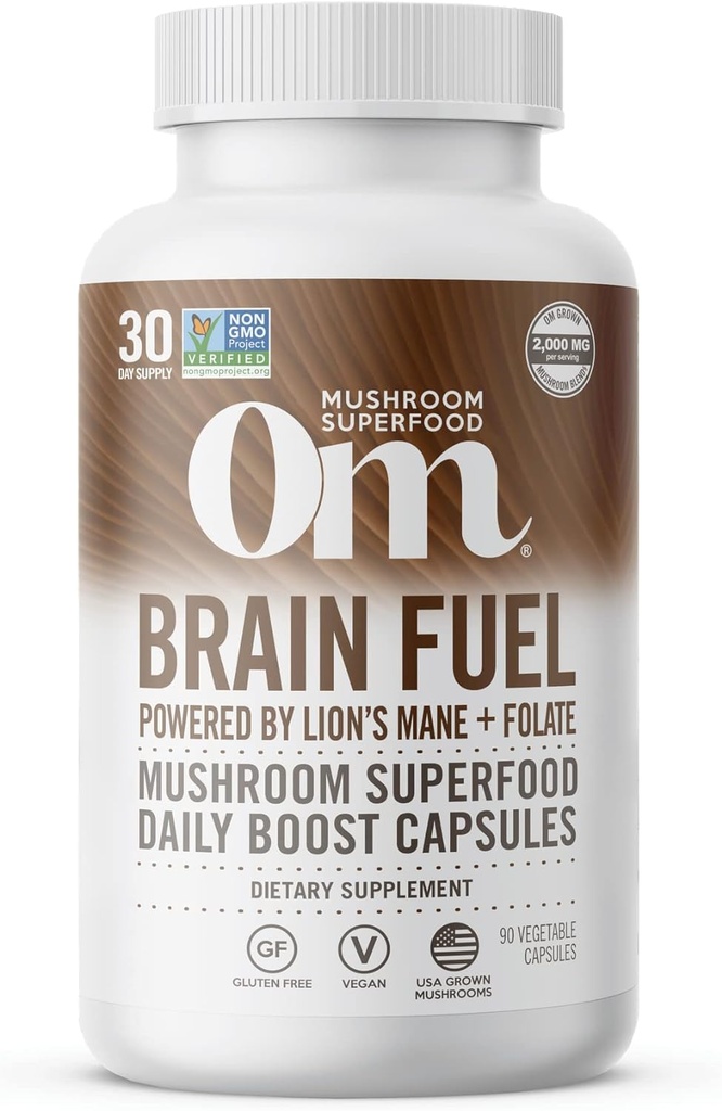OM MUSHROOM SUPERFOOD Brain Fuel Mushroom Powder Capsules Superfood Suplemento, 90 Cuenta, 30 días, Lion's Mane, Reishi Blend Plus Folate, Claridad Mental, Mushroom Suplemento