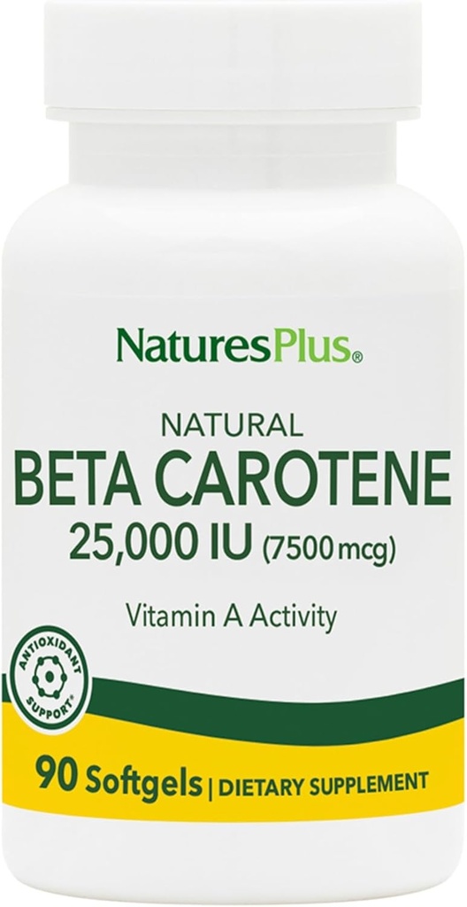 Natures Plus Natural Beta Caroteno - 25.000 iu Vitamina A &amp; Vitamina E, 90 Softgels - Suplemento Ojo, Antioxidante, Ayudas en Defensa Radical Gratuita y Celular - Sin gluten - 90 Servimientos