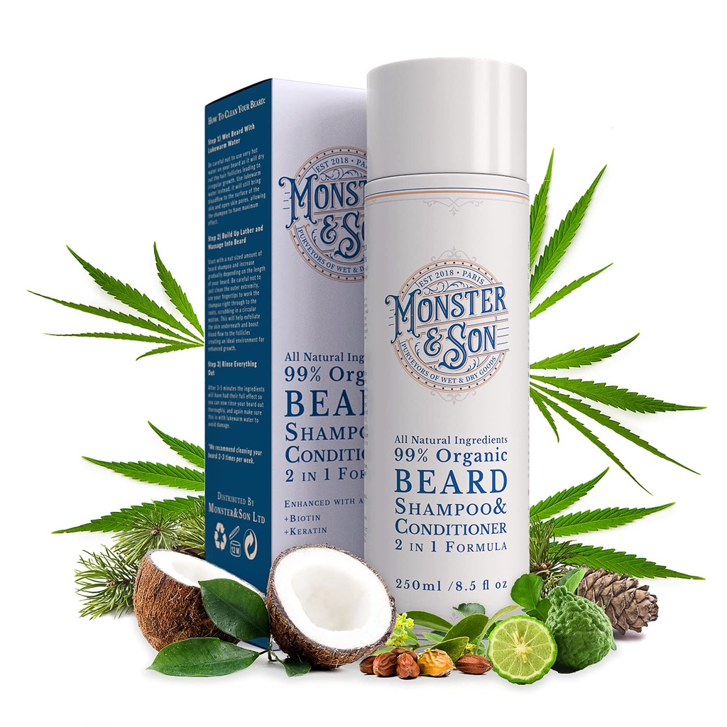 Monster adultoSon Organic Beard Shampoo & acondicionador 2 en 1 - Beard Wash with Conditioning For Hombre - Gentle Face Cleanser For Sensitive Skin - Hypoallergenic, Paraben & Sulphate Free - Long Lasting 250ml