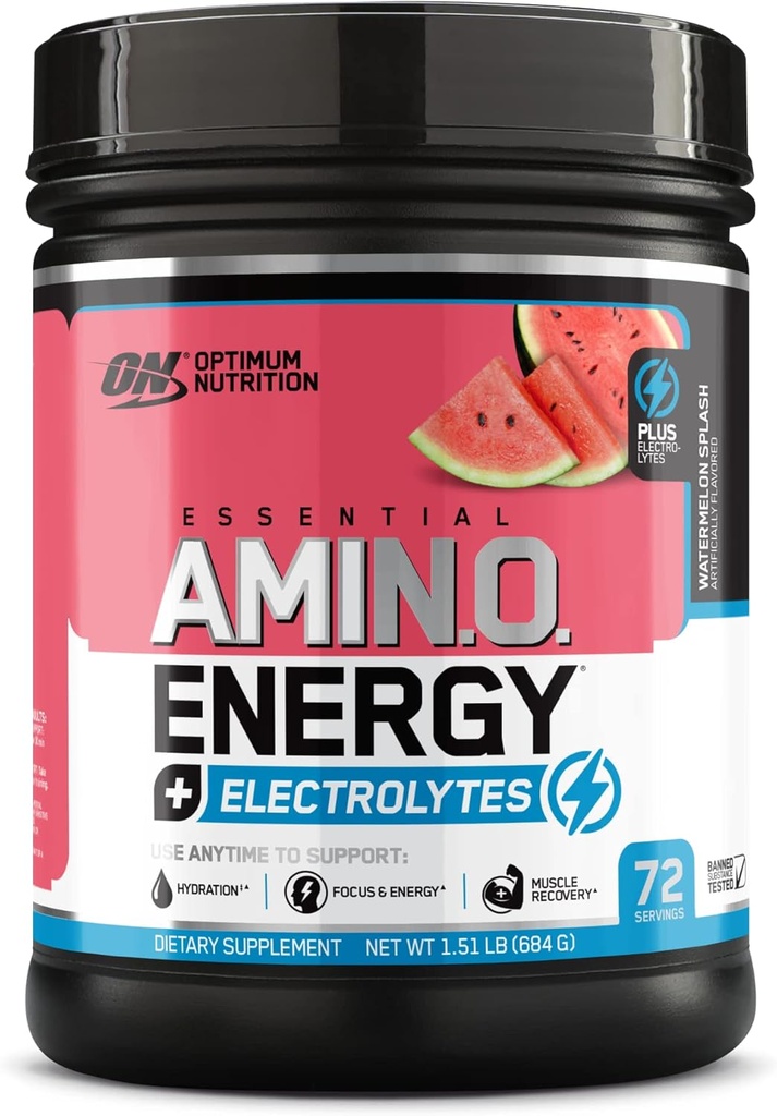 Optimum Nutrition Essential AMIN.O Energy & Electrolytes - Energy, Focus " Post-Workout Muscle Recovery - Watermelon Pre-Workout Electrolyte Powder Drink - Watermelon Splash, 1.51 lb (72 Servings)