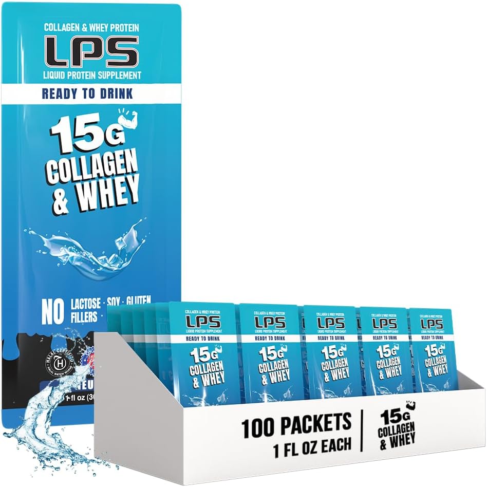 LPS Liquid Collagen &amp; Whey Protein Supplement - Non-GMO Drink, Sugar-Free - Promotes Healthy Skin &amp; Hair for Men &amp; Women, Neutral, Single Serve (100 Packets)