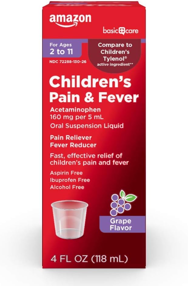 Cuidado básico Acetaminofeno infantil 160 mg por 5 mL Suspensión oral, sabor de la uva, alivio del dolor y reducción de la fiebre para dolor de cabeza, garganta profunda y dolor de estómago, 4 onzas (Pack of 1)