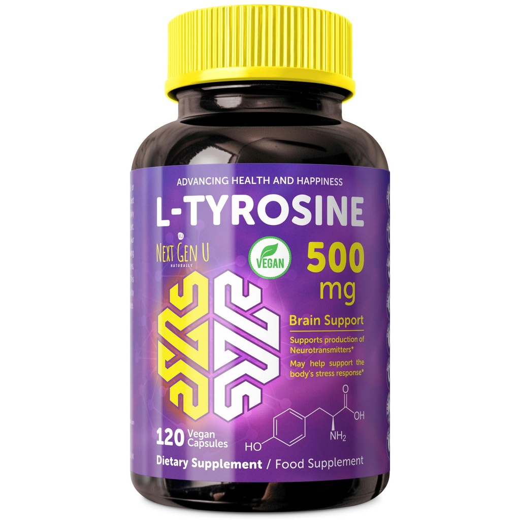 L Tyrosine - 500 mg, 120 cápsulas veganas - Suplemento dietético de alimentos saludables - Apoyo al humor para adultos, mujeres y hombres - ayuda a soportar funciones cerebrales saludables - por NextGenU
