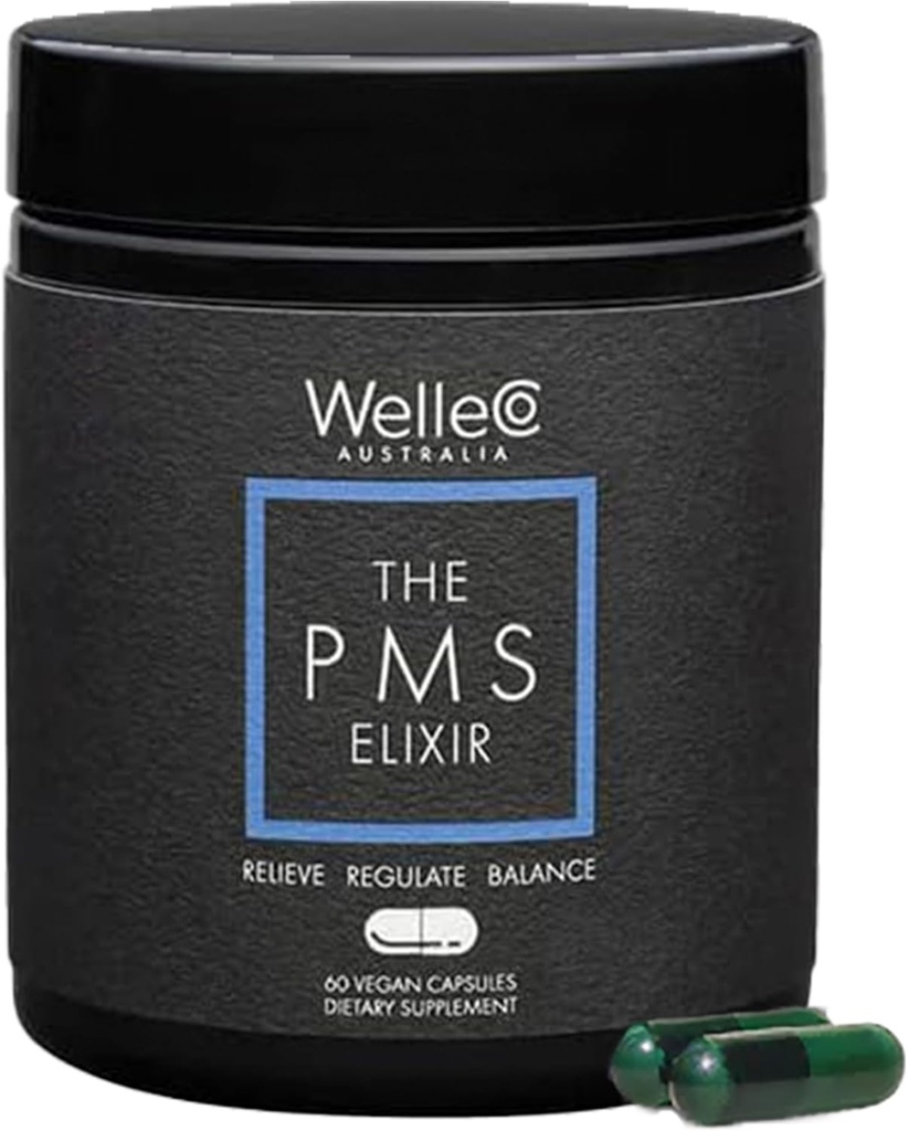 WelleCo The PMS Elixir Premenstrual Support Supplement for Women, Magnesium and Ashwagandha Capsules with Iron, Iodine, Broccoli Sprouts, Vitex, Chromium & B Vitamins, Vegan & Gluten Free, 60 cápsulas