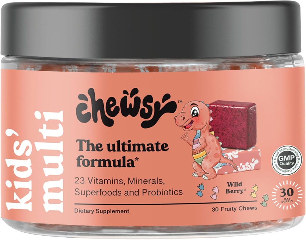 Multivitamina de los niños de Chewsy, Delicious Candy-Style Daily Vitamin Chews + Probióticos + Superalimentos, Wild Berry Flavor Chewable Fruity Supplement Chews, Individualmente Wrapped, Easy to Enjoy, 30-Day Supply