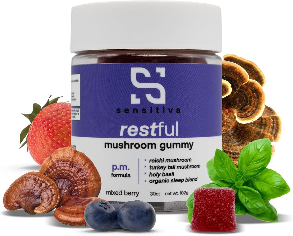 Sensitiva Restful Mushroom Gummies P.M. Fórmula - Reishi & Turquía Tail Mushroom Suplemento Gummies, Mushroom Gummies for Sleep, Relax & Stress Relief (Mixed Berry P.M. Fórmula)