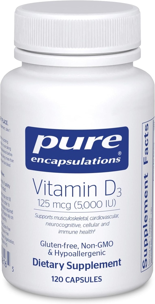 Encapsulaciones puras Vitamina D3 125 mcg (5.000 UI) - Suplemento de Bono de Apoyo, Conjunto, Breast, Corazón, Colón y Salud Inmune* - con Vitamina D - 120 cápsulas