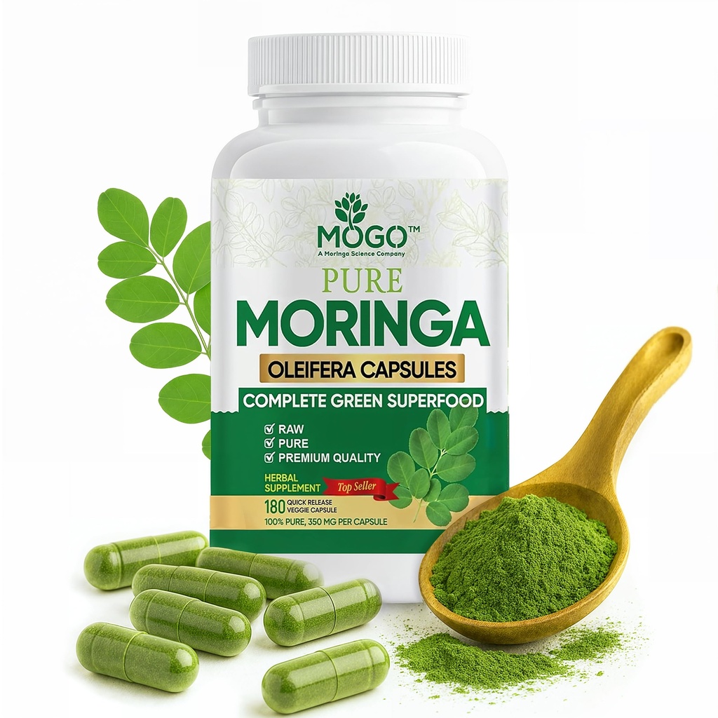 MOGO Moringa Capsules -180 Ct sometida Boost Energy, Immune, Gut, Joint Support  Hecho with Pure Organic Moringa Powder Organic Capsules ← Hecho en EE.UU.