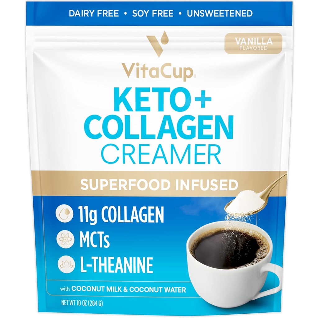 VitaCup Keto + Collagen Coffee Creamer Vanilla Flavor con MCT, Collagen Protein, Coconut Water, L-Theanine para Keto Diet, Uso en Café, Smoothies, &amp; Shakes, Sin lácteos, Libre de gluten, Libre de soja, 10oz