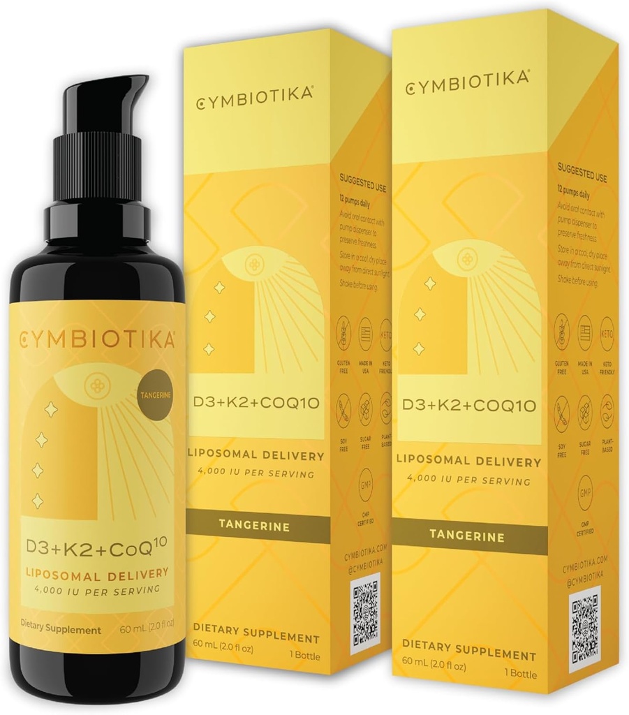 CYMBIOTIKA Vitamina D3 + K2 + CoQ10 Líquido, Vitamina D Suplemento de Apoyo Inmunitario, Salud del Corazón &amp; Bone Health, Energía Booster, Entrega Liposomal, Vegan, Tangerine Flavor, 2pck (4.0 fl oz.)