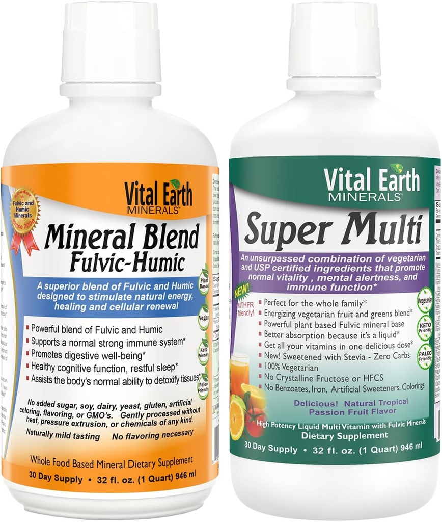 Vital Earth Minerals Detox &amp; Wellness Support – Fulvic Humic Mineral Blend with 70+ Trace Minerals + Super Multi, Liquid Multivitamins, MTHFR Support, 32 Oz Ea